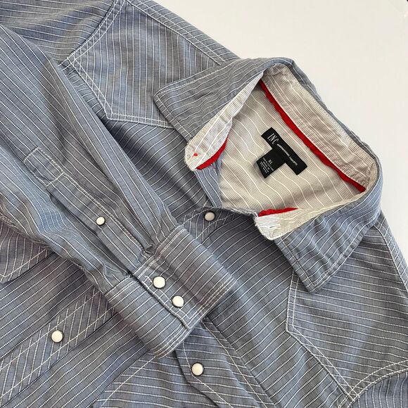 INC International Concepts Western‎ Blue Striped Snap Long Sleeve Shirt, INC 129 - Picture 1 of 8